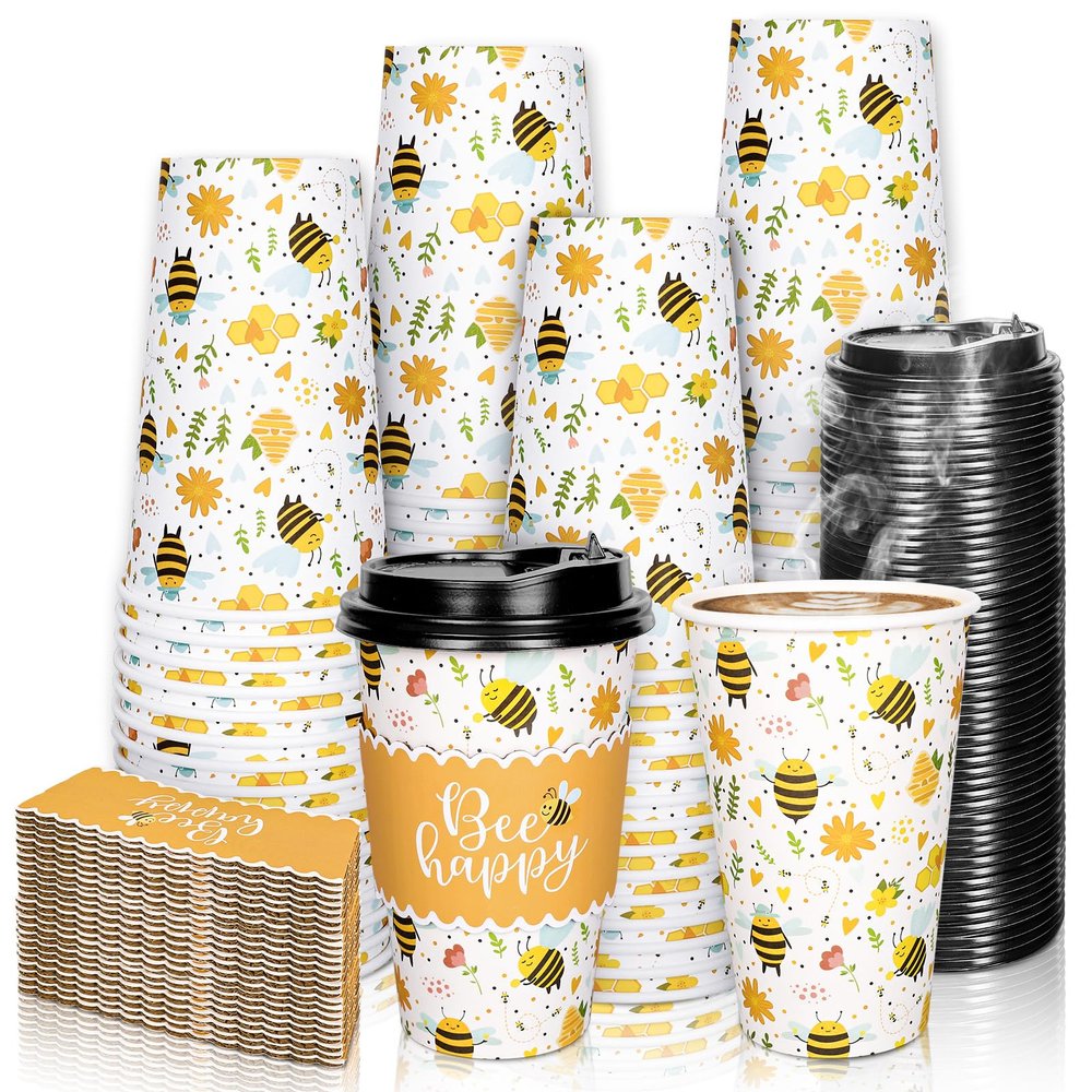 Whaline 50 Pcs Bee Disposable Coffee Cups with Lids and Sleeves 16 Oz Spring Summer Cute Honey Bees Flower Hot Cold Drink Cups for Birthday Baby Shower World Bee Day Party Supplies