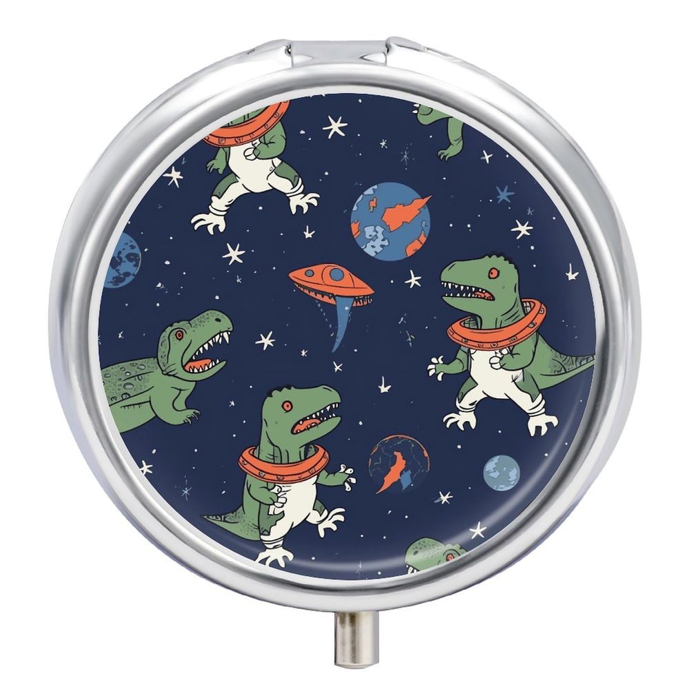 Dinosaur Rocket Pill Box 3 Compartment Travel Pill Organizer 3 Times A Day Cute Mini Pill Case for Purse & Pocket Portable Metal Medicine Box with Mirror Round Daily Medicine Vitamin Container