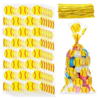 100 Pcs Softball Treat Bags, Clear Softball Goodie Bags with Twist Ties Plastic Softballs Gift Bag Snack Goodie Candy Cookies Cellophanes Bag Baseball Gold Balls Game Team Party Favor Supplies(5x11)