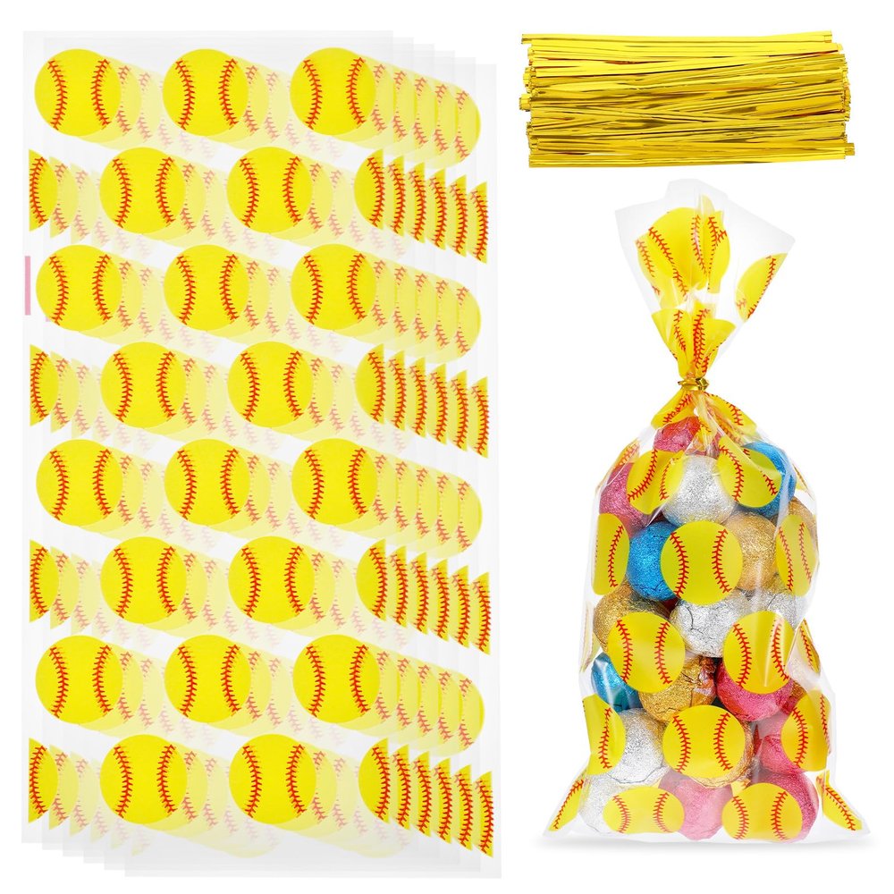 100 Pcs Softball Treat Bags, Clear Softball Goodie Bags with Twist Ties Plastic Softballs Gift Bag Snack Goodie Candy Cookies Cellophanes Bag Baseball Gold Balls Game Team Party Favor Supplies(5x11)