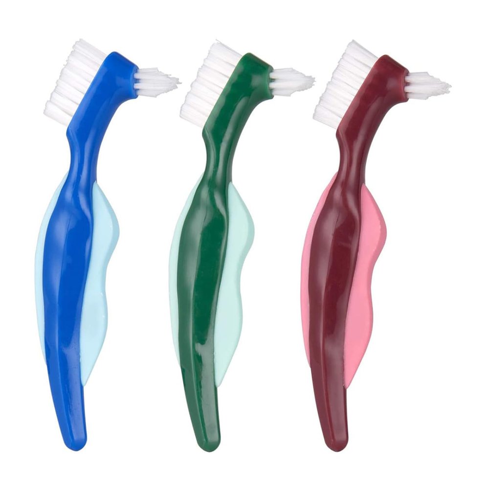 ZUNOXAZ 3pcs Dual-Head Denture Brush Ergonomic Handle Lightweight Cleaning Tool for False Teeth Care Hard Bristles for Stain Removal and Easy Grip