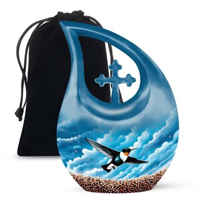 JAGLASH Humming Bird Funeral Urns for Adult Ashes Men and Women - Large Cross Drop Funeral Urn for Ashes Adult Female and Male Cremation 10 Inch - Blue Urn for Daughter and Son