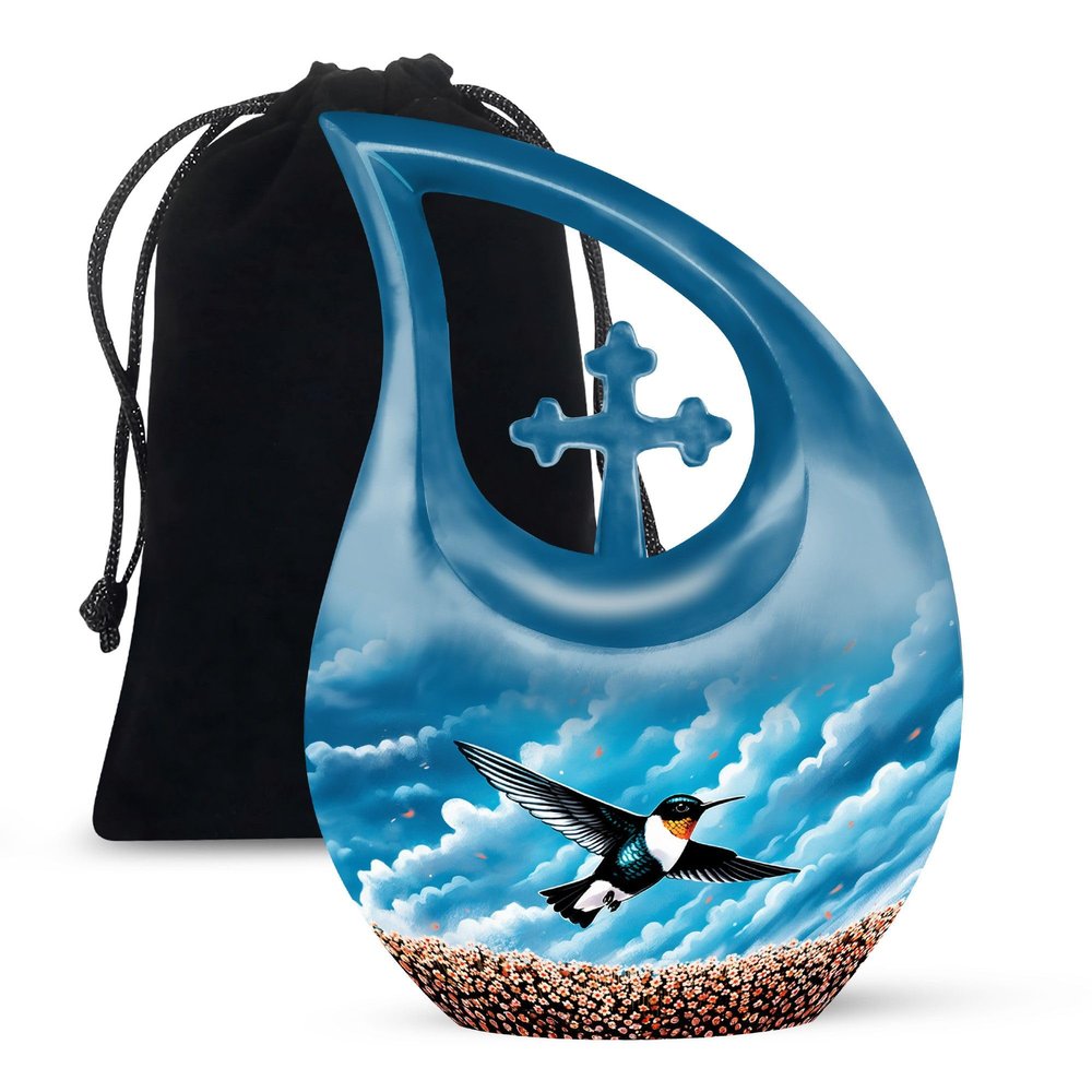 JAGLASH Humming Bird Funeral Urns for Adult Ashes Men and Women - Large Cross Drop Funeral Urn for Ashes Adult Female and Male Cremation 10 Inch - Blue Urn for Daughter and Son