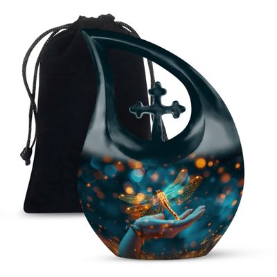 JAGLASH Dragonfly Cremation Urns for Human Ashes - Large Urn for Ashes Adult Male - Cross Drop Cremains Containers - Blue Funeral Remembrance Gift for Loss (10 Inch)