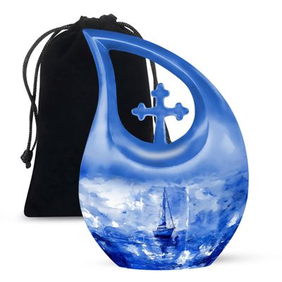 JAGLASH Fishing Urns - Burial Urns for Adult Human Ashes - Funeral Decorative Urn - Large Human Remains Memorial Urn for Women - Blue 10Inch Ash Holder - Pack of 1