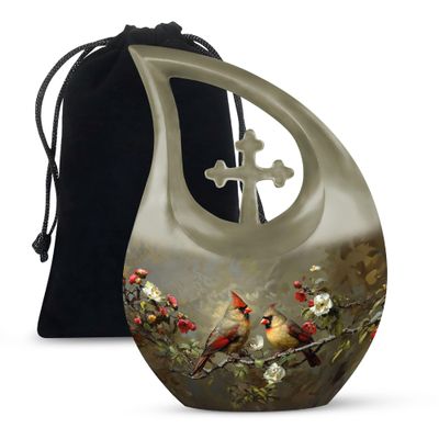 JAGLASH Couple Cardinal Bird Cremation Urn for Human Ashes Adult Mom & Dad - Cross Drop Flowers Urns for Burial - Large Decorative Urns for Adult Male (10 Inch)
