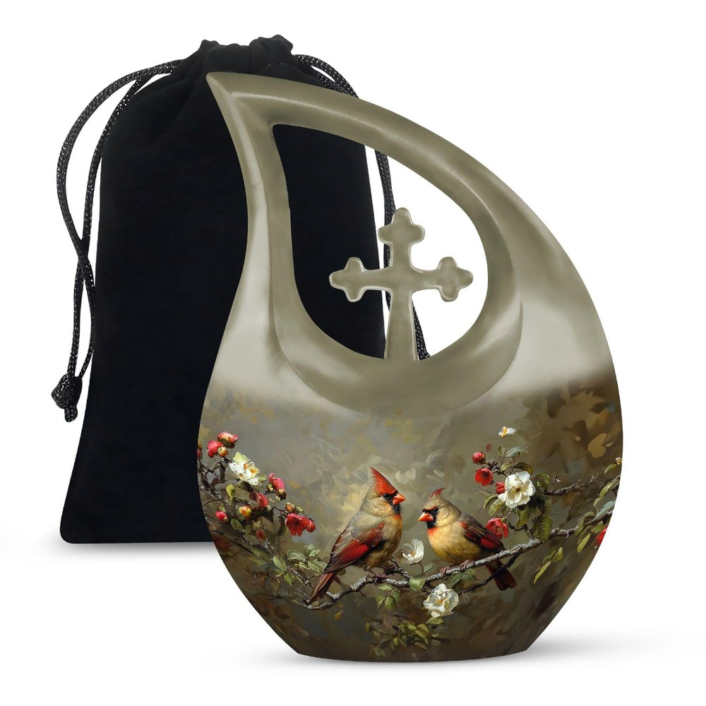 JAGLASH Couple Cardinal Bird Cremation Urn for Human Ashes Adult Mom & Dad - Cross Drop Flowers Urns for Burial - Large Decorative Urns for Adult Male (10 Inch)
