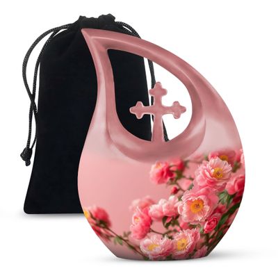 JAGLASH Rose Memorial Urns for Human Ashes Adult Female - Large Pink Funeral Urns for Adult Male - Flower Cremation Urn - Cross Drop Urn for Human Ashes Man & Women - 10 Inch