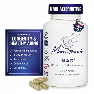 My MoonStruck Fermented NAD Supplement - with Resveratrol & Quercetin Support Anti Aging, Longevity, 30 Capsules NAD Resveratrol Supplements, NAD+ Supplement | Third Party Tested, Vegan Safe, Non-GMO