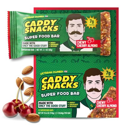 Caddy Snacks Chewy Cherry Almond Healthy Snack Bars | Low Sugar | Vegan | Gluten Free | On-the-Go Golf Snack | 2.1 oz Bars, 12 Count