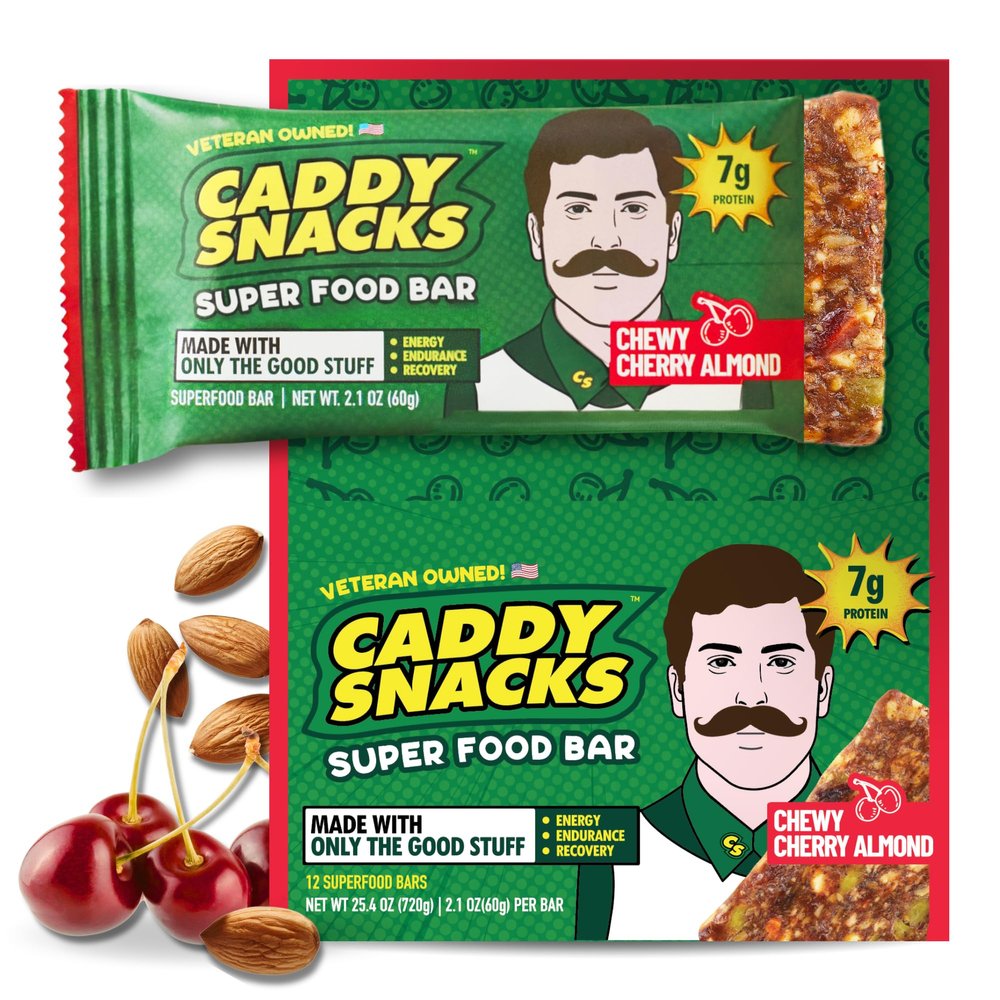 Caddy Snacks Chewy Cherry Almond Healthy Snack Bars | Low Sugar | Vegan | Gluten Free | On-the-Go Golf Snack | 2.1 oz Bars, 12 Count