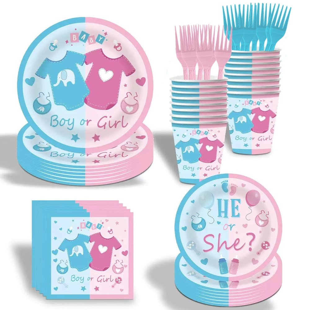 100PCS Party Plates Supplies Kit for Gender Reveal,Boy or Girl Birthday Party,Baby Shower Pink and Blue Disposable plates,Napkins,Paper Cups, Serves 20.