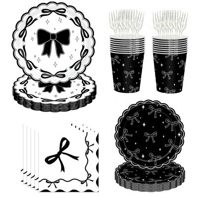 120 pcs Bow Plates Napkins Birthday Party Supplies,Black and White plates and napkins,Disposable Paper Cups, Cutlery, Forks,Dinner Plates for Bow Birthday Bridal Wedding Party Supplies,Serve 24