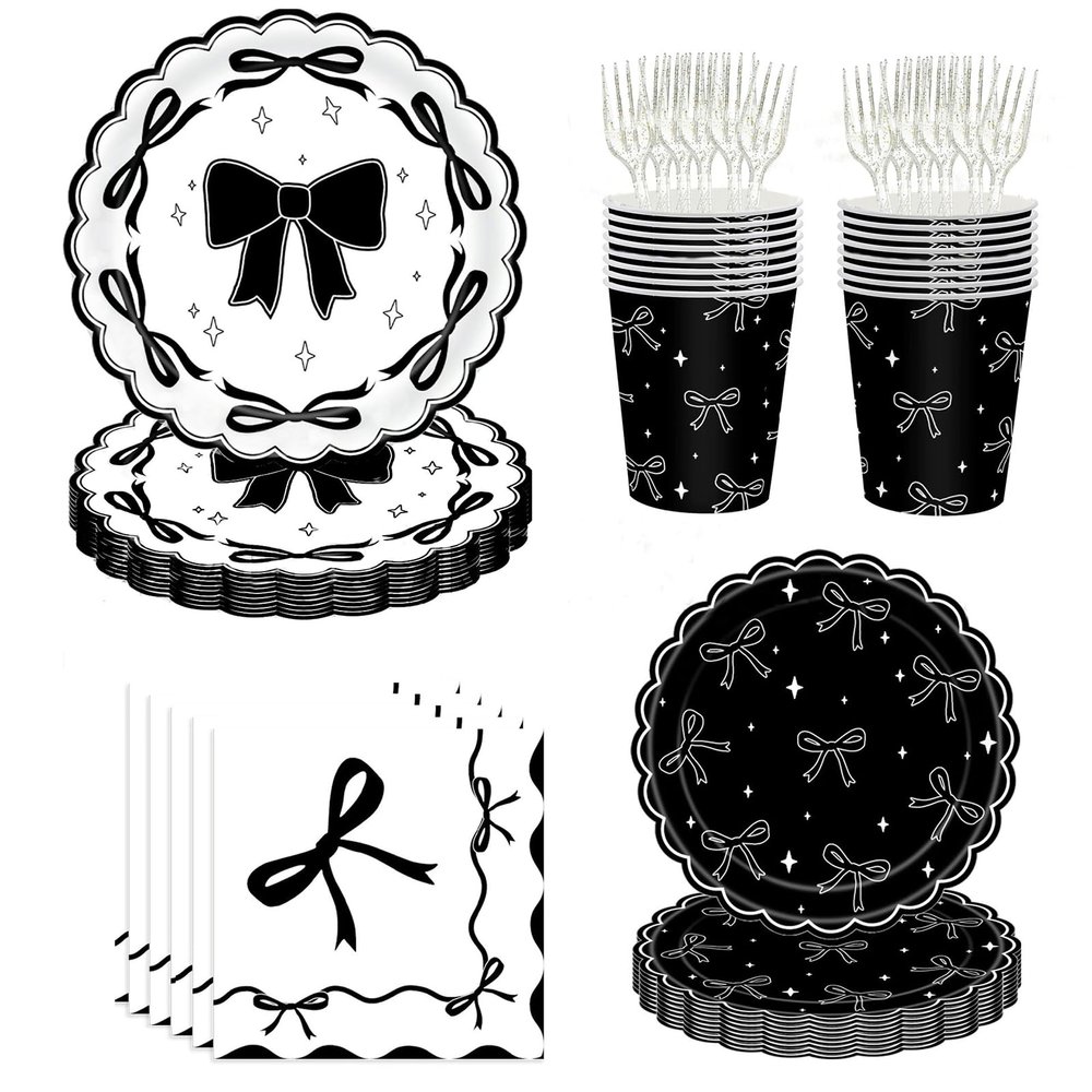 120 pcs Bow Plates Napkins Birthday Party Supplies,Black and White plates and napkins,Disposable Paper Cups, Cutlery, Forks,Dinner Plates for Bow Birthday Bridal Wedding Party Supplies,Serve 24