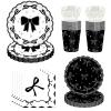 120 pcs Bow Plates Napkins Birthday Party Supplies,Black and White plates and napkins,Disposable Paper Cups, Cutlery, Forks,Dinner Plates for Bow Birthday Bridal Wedding Party Supplies,Serve 24 view 1