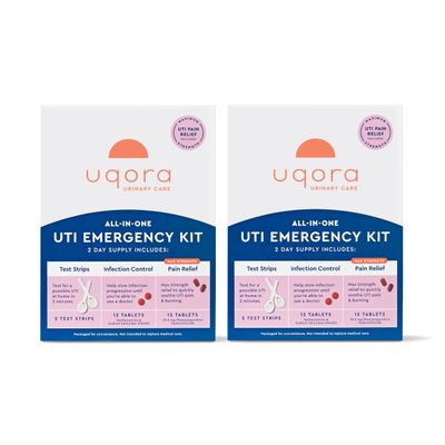 Uqora UTI Emergency Kit - Comes with 2 Urinary Tract Infection Test Strips, 12 UTI Pain Relief Tablets & 12 Infection Control Tablets - Urinary Tract Support - Maximum Strength - 2 Pack