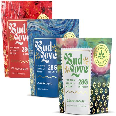 Bud Love Herbal Mixer Makes Bud Better! Saver Pack 3x28g (3x1oz) Cherry Crush, ICY J (Cool Mint), Grape Escape Double-Seal Pouches All Natural