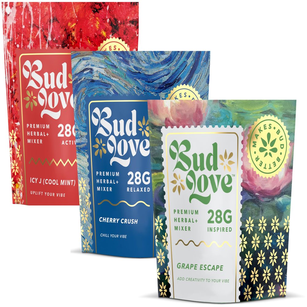 Bud Love Herbal Mixer Makes Bud Better! Saver Pack 3x28g (3x1oz) Cherry Crush, ICY J (Cool Mint), Grape Escape Double-Seal Pouches All Natural