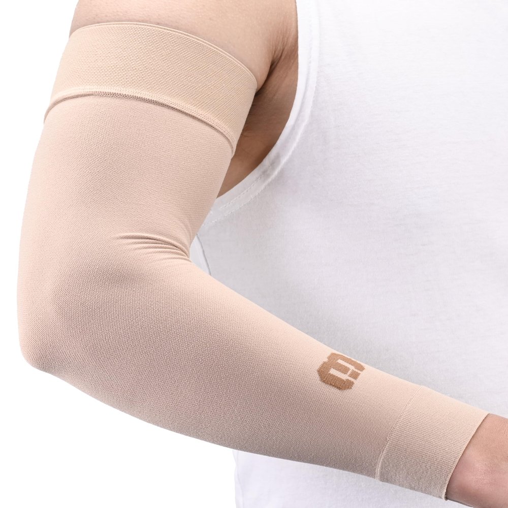 MGANG Lymphedema Compression Arm Sleeve for Women Men, Opaque, 20-30 mmHg Compression Full Arm Support Without Silicone, Relieve Swelling, Edema, Post Surgery Recovery, Single Beige XXL