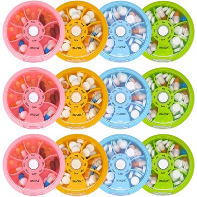 12PCS INVODA Weekly Pill Organizer 7 Compartment Rotating Pill Box for Daily Medication & Vitamins - Portable Travel Pill Case Fish Oil Supplements Vitamins Organizer