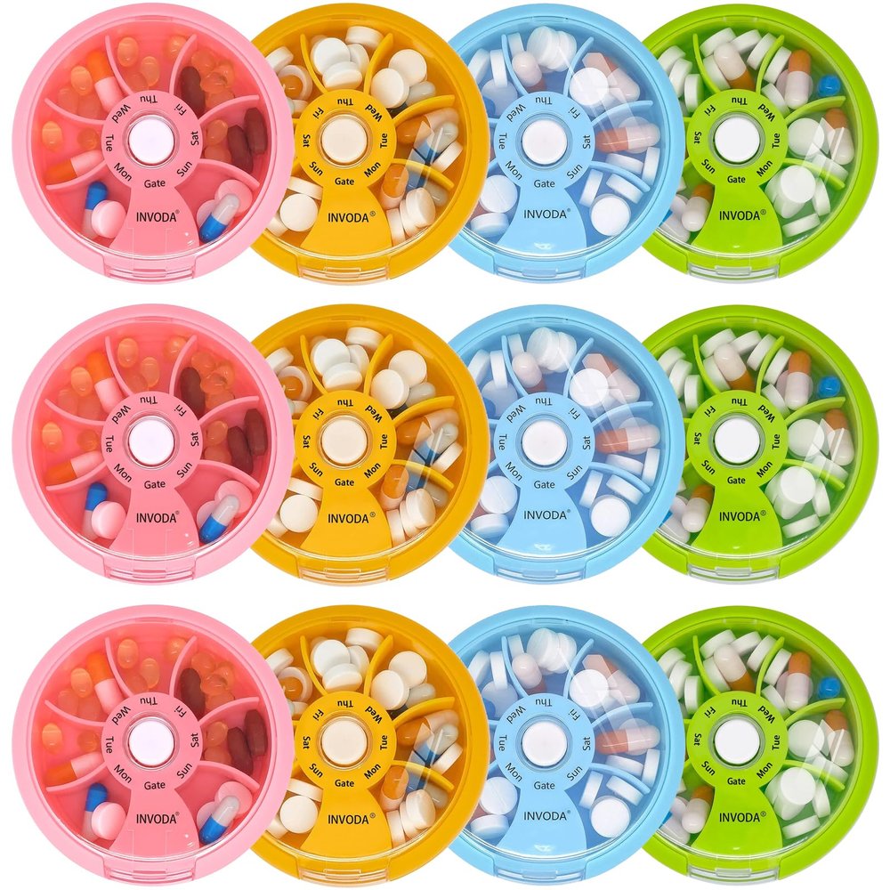 12PCS INVODA Weekly Pill Organizer 7 Compartment Rotating Pill Box for Daily Medication & Vitamins - Portable Travel Pill Case Fish Oil Supplements Vitamins Organizer