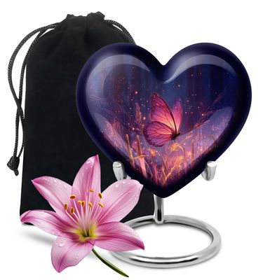 Remembrate Purple Large Butterfly Heart Urn for Human Ashes for Burial 8 Inch - Sword Funeral Urns for Human Ashes Adult Man and Women with Velvet Bag - Memorial Funeral Gift