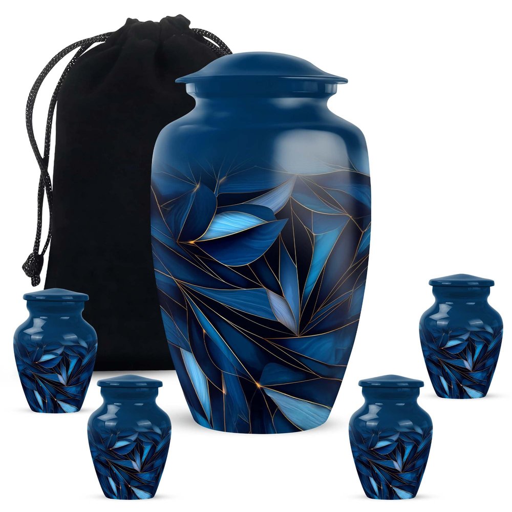 Casketique Blue Memorial Urns for Adult Male & Female Combo - Burial Urns for Human Ashes Adult Man - 1 Large & 4 Keepsake Cremation Urn for Mom - Funeral Urn for Ashes for Women - (10 & 3 Inch)