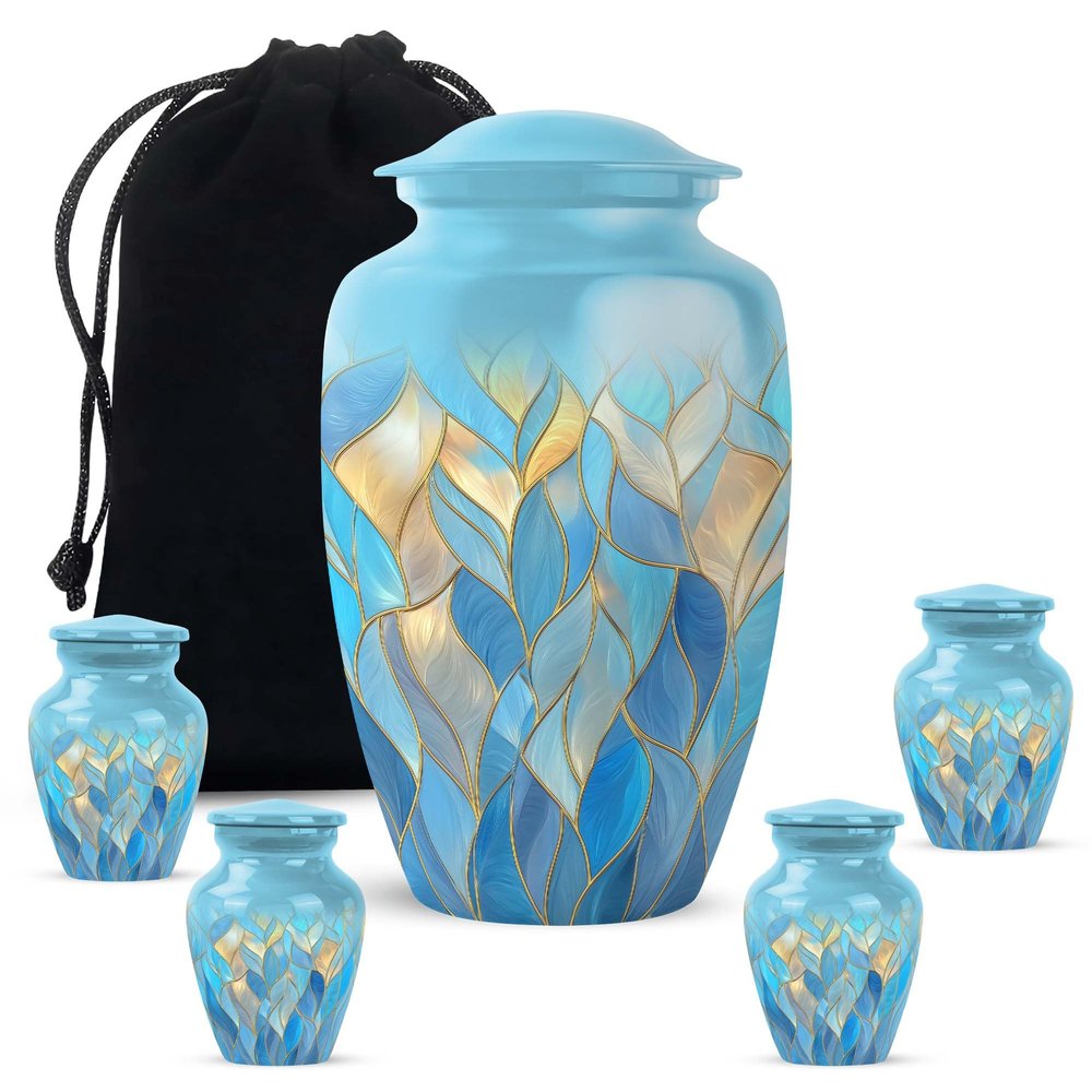 Casketique Blue Burial Urns for Human Ashes Adult Female Set of 4 - Combo Large & Keepsake Memorial Urn - Funeral Urns for Human Ashes Adult Man - Large Cremation Urn for Mother - (10 & 3 Inch)