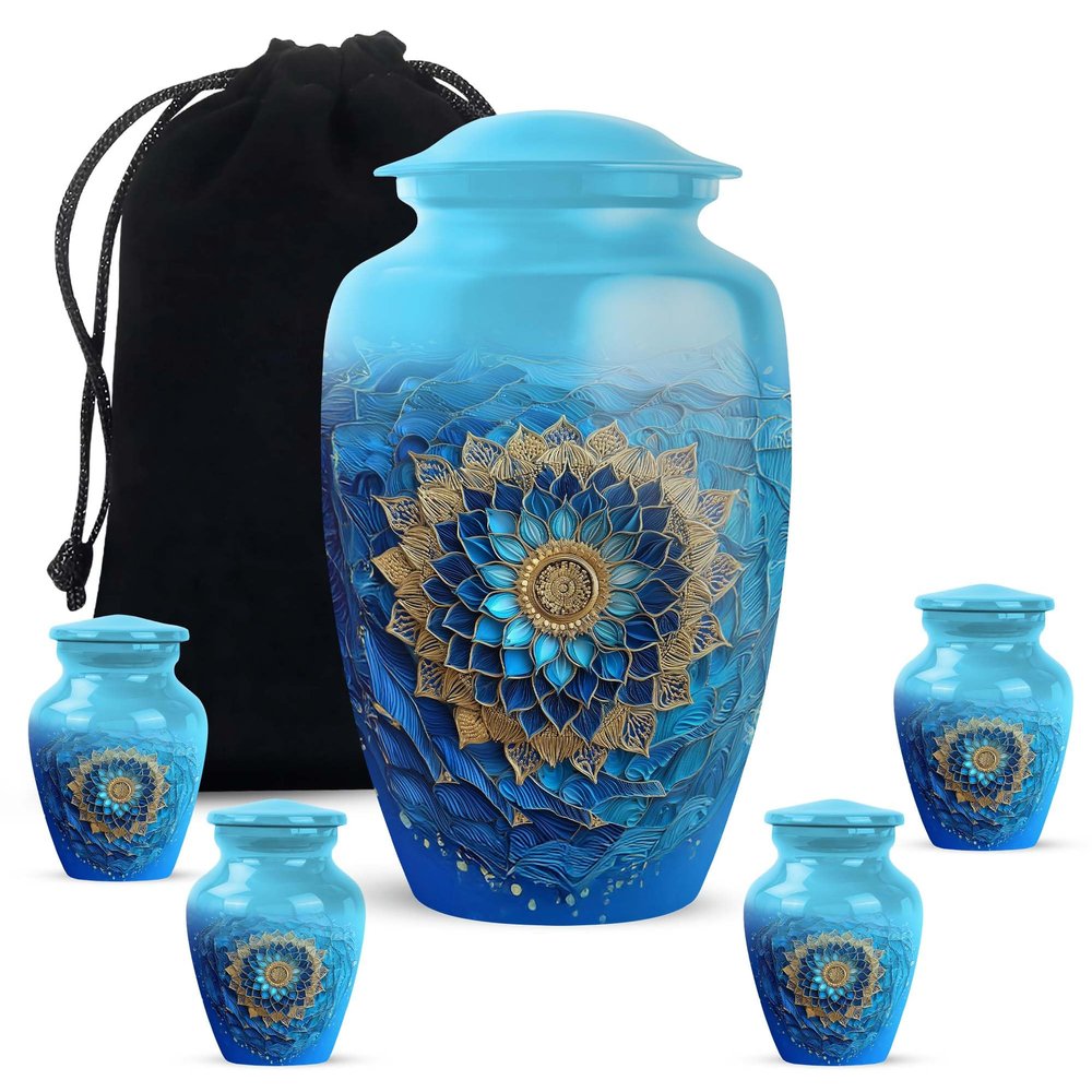Casketique Blue Funeral Urn for Ashes for Women - 1 Large & 4 Keepsake Burial Urns for Human Ashes Adult Man - Decorative Combo Cremation Urn - Memorial Urns for Human - (10 & 3 Inch)