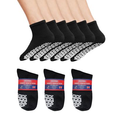 Diamond Star Hospital Gripper Socks for Men & Women, Non-Binding Diabetic Cotton Socks, Cushioned Quarter for Swollen Feet (US, Numeric, 9-11, Regular, 12 Pairs Black)