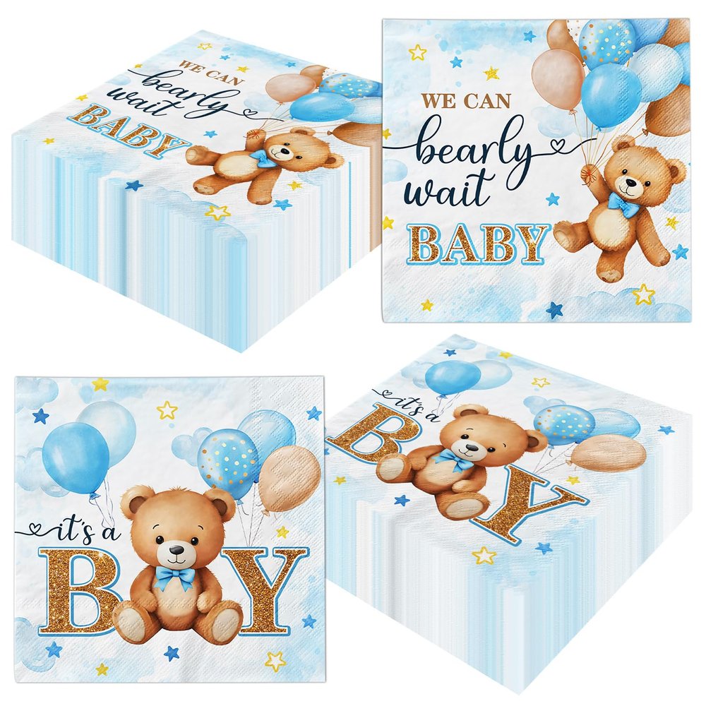 48Pcs Bear Baby Shower Paper Napkins Oh Baby Napkins Blue Bear Baby Shower Decorations Teddy Bear Cocktail Paper Napkin for Boy Gender Reveal Party Supplies 6.5 x 6.5 inch