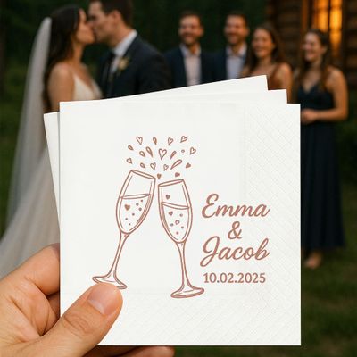 Custom Wedding Napkins, Personalized Cocktail Napkins for Wedding Party Decoration, Beverage Luncheon Dinner Napkin Disposable, Pack 50 100 200 400 500 pcs, Gold/Rose Gold Color Printed 13