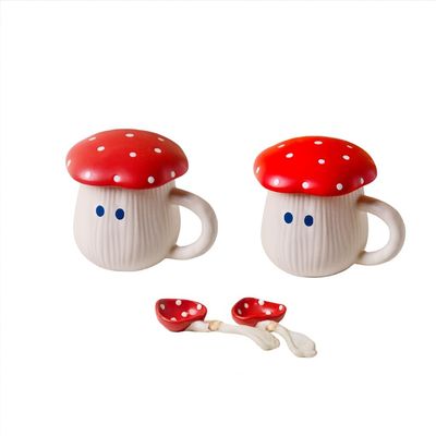 Cute Mushroom Mug with Lid and Spoon Set 2 Pack Ceramic Coffee Tea Cup 14oz/400ml Novelty Red Polka Dot Cartoon Cups for Hot Chocolate, Milk, Latte | Kawaii Gift for Couples & Friends