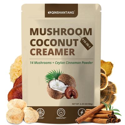 Mushroom Coconut Creamer, Natural Creamer for Coffee, 14 Mushrooms Extract |Lion's Mane, Turkey Tail, Reishi, Maitake, Chaga and Ceylon Cinnamon | Boosts Focus, Immunity and Energy | 6.35oz