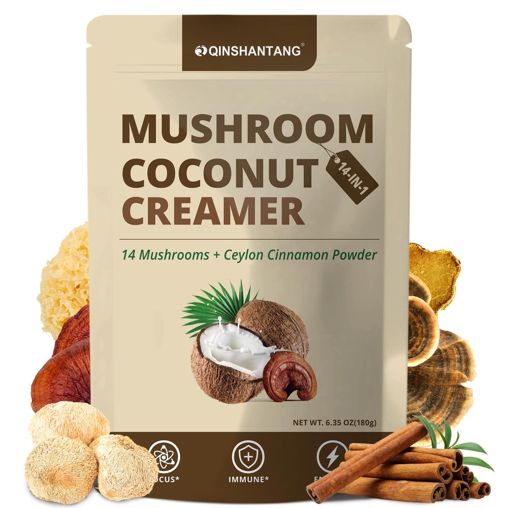 Mushroom Coconut Creamer, Natural Creamer for Coffee, 14 Mushrooms Extract |Lion's Mane, Turkey Tail, Reishi, Maitake, Chaga and Ceylon Cinnamon | Boosts Focus, Immunity and Energy | 6.35oz