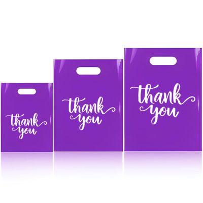 Odseciran 200PCS Reusable Thank You Bags: 3 Size Plastic Shopping Bag for Small Business with Handle, Merchandise Bags for Boutique Retail Wholesale Goodie Wedding Party (purple)