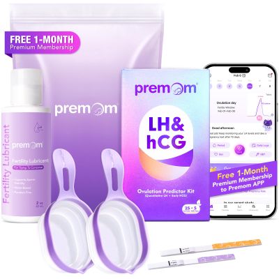 Premom Quantitative Ovulation & Pregnancy Test Kit with Sperm Friendly Fertility Gel: 25 LH + 5 HCG Strips + 2 Pee Cups + 2oz Fertility Gel | Accurate LH Tracking | pH Balanced | Works with Premom App
