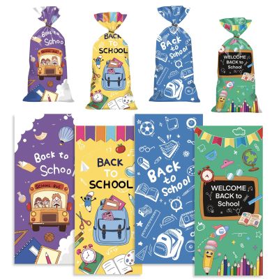 100 Pcs Back to School Party Cellophane Bags Candy Cookie Treat Bags with Twist Ties 4 Designs School Bus Blackboard school Bag Plastic Favor bags for Back to school Party Favor Supplies Decorations
