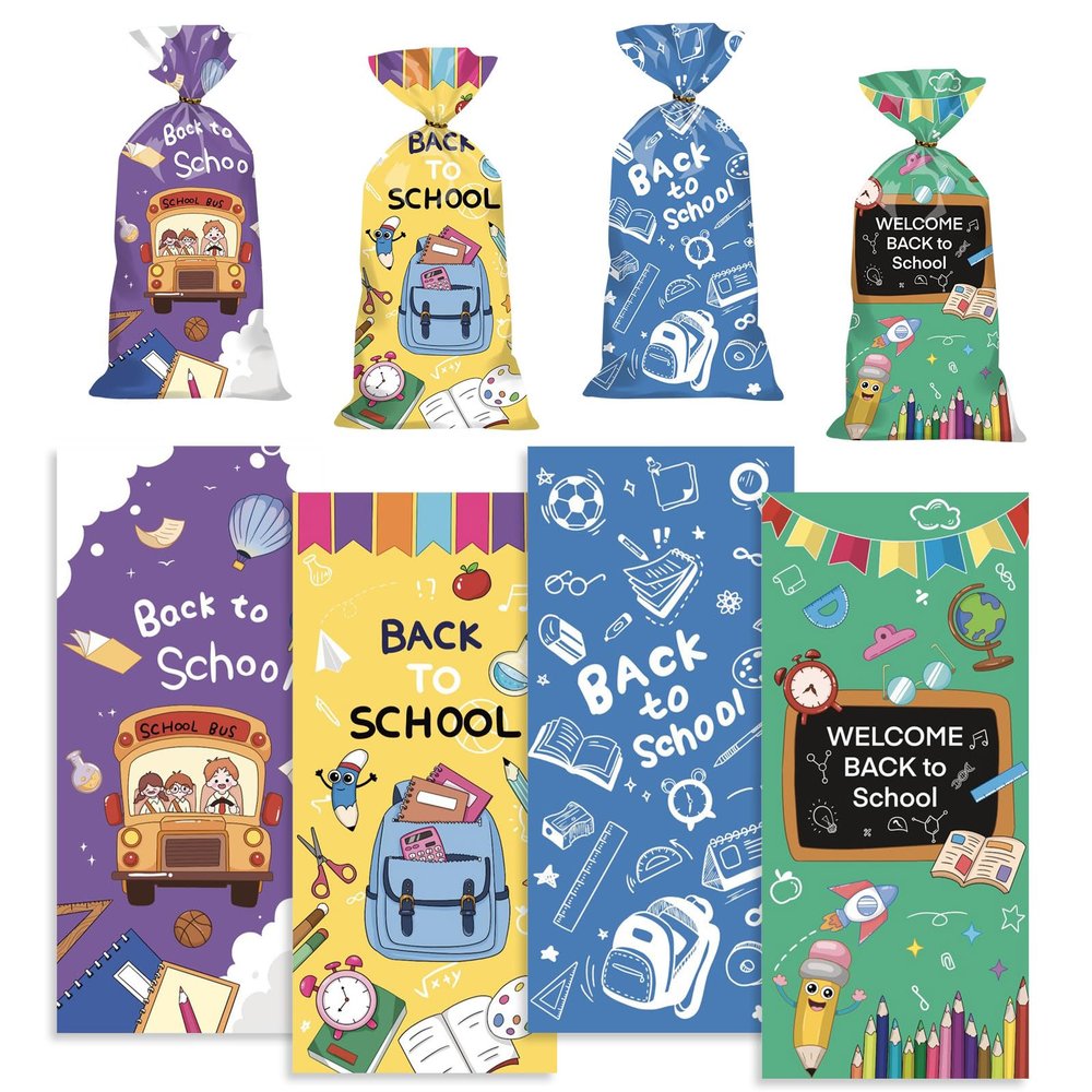 100 Pcs Back to School Party Cellophane Bags Candy Cookie Treat Bags with Twist Ties 4 Designs School Bus Blackboard school Bag Plastic Favor bags for Back to school Party Favor Supplies Decorations