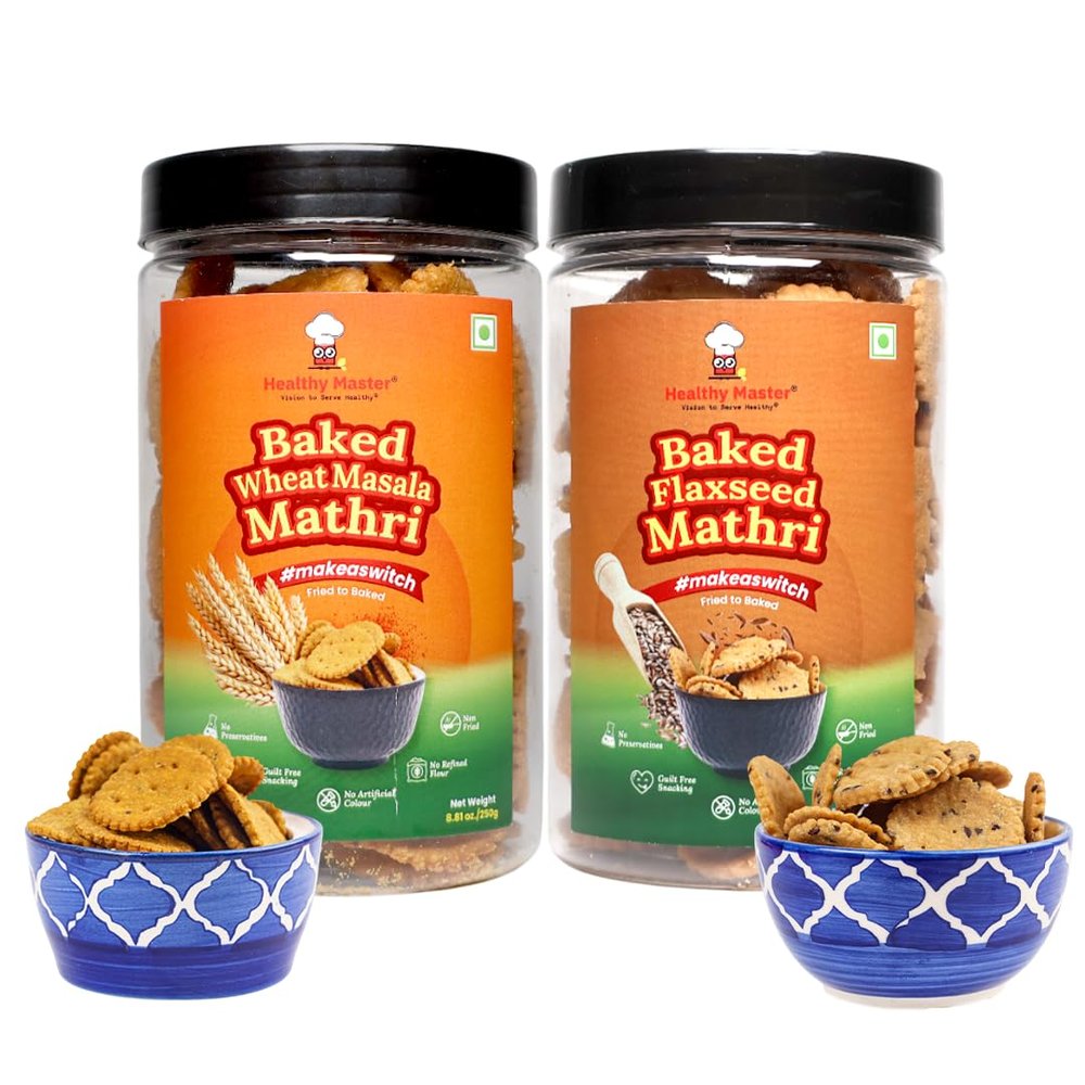 Healthy Master Wheat Mathri & Flax Seed Mathri Pack of 2 (8.8 oz Each) - Indian Tea-Time Crackers | Plant-Based, Low Fat Healthy Snacks for Adults | High Protein, Crunchy, Ready to Eat