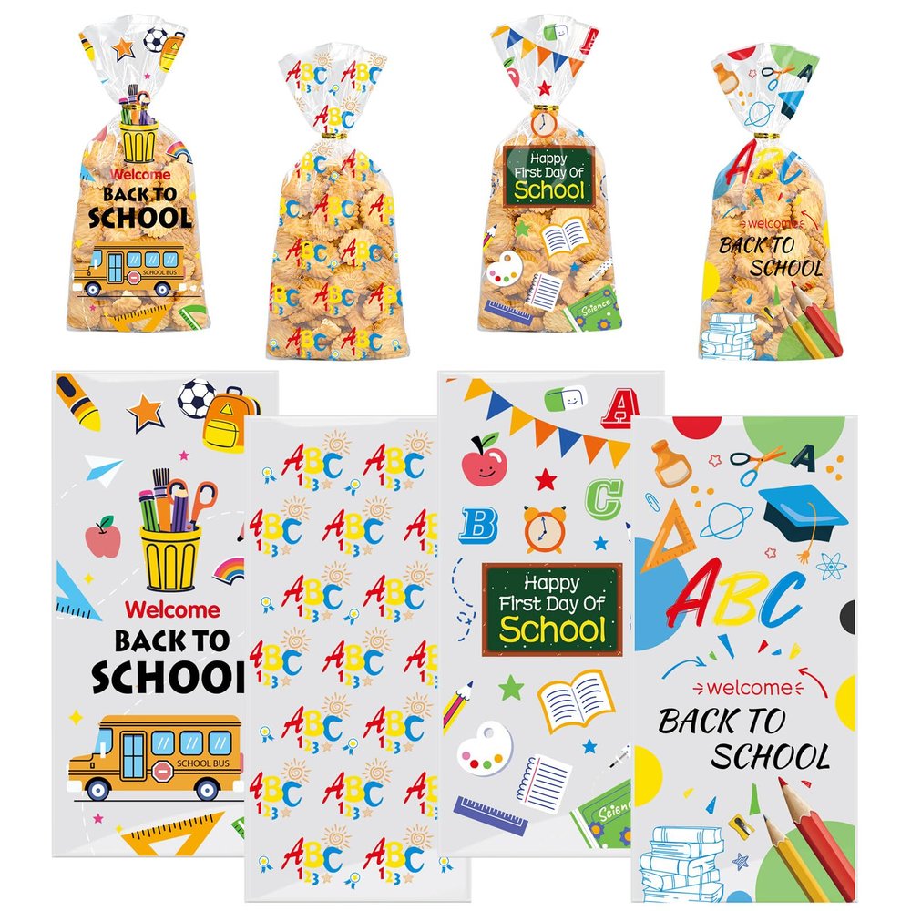 100 Pcs Back to School Party Cellophane Bags Clear Candy Cookie Treat Bags with Twist Ties 4 Designs School Bus Blackboard ABC Letters Plastic Favor bags for Back to school Favor Supplies Decorations