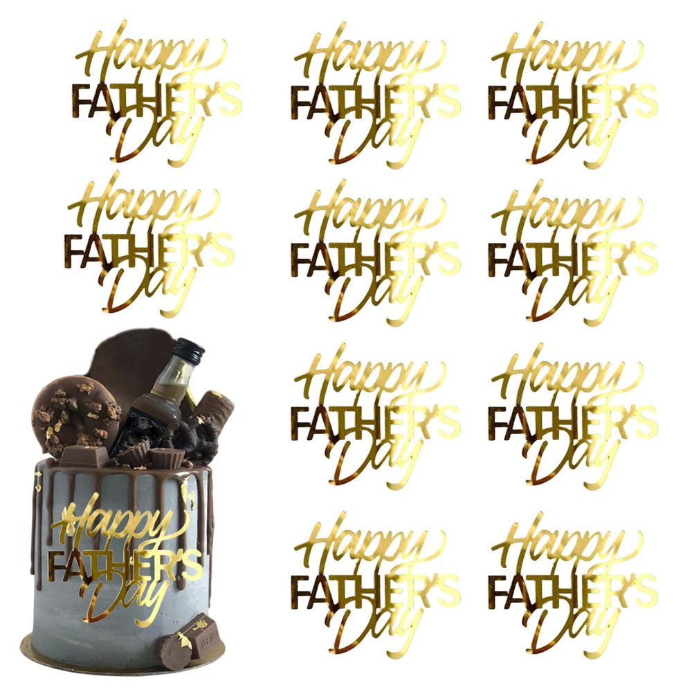10Pcs Happy Father's Day Cake Toppers Acrylic Mirror Cupcake Topper Engraved Happy Father's Day Cake Topper Decorations for Dad's Birthday Party Dessert DIY Decor Supplies (10, Gold)