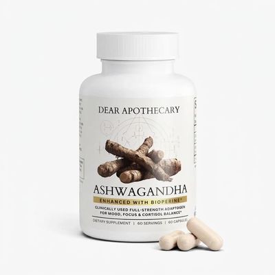 Dear Apothecary Organic Ashwagandha with BioPerine | 600mg Root Extract | Black Pepper for Absorption | 60 Vegetarian Capsules | Non-GMO, Gluten Free
