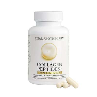 Dear Apothecary Collagen+ Multi Peptides - Types I II III V X - Hydrolyzed Bovine Fish Chicken Eggshell Avian - Premium Collagen Protein - Grass Fed Wild Caught Cod Skin - Non-GMO - 90 Capsules