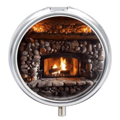 Rock Stone Fireplace Round Pill Box 3 Compartment Metal Iron Plating Pill Case Vitamin Holder Portable Mini Travel Pill Kit for Men Women