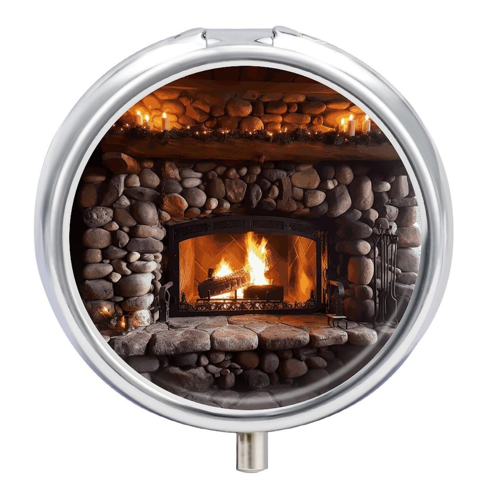 Rock Stone Fireplace Round Pill Box 3 Compartment Metal Iron Plating Pill Case Vitamin Holder Portable Mini Travel Pill Kit for Men Women