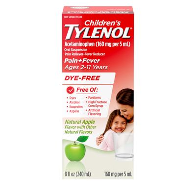 Children's Tylenol Liquid Pain Relief & Fever Medicine, Acetaminophen Oral Suspension, Dye-Free, Aspirin-Free, Ibuprofen-Free, High Fructose Corn Syrup-Free; Natural Apple Flavor, 8 fl. oz