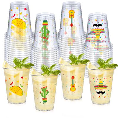 meekoo 50 Pcs 12 oz Fiesta Cup Plastic Mexican Cup Clear Disposable Margarita Glasses Cinco De Mayo Party Decorations for Taco Bout Bar Night Tequila Birthday Party Drinkware Supplies, 4 Style