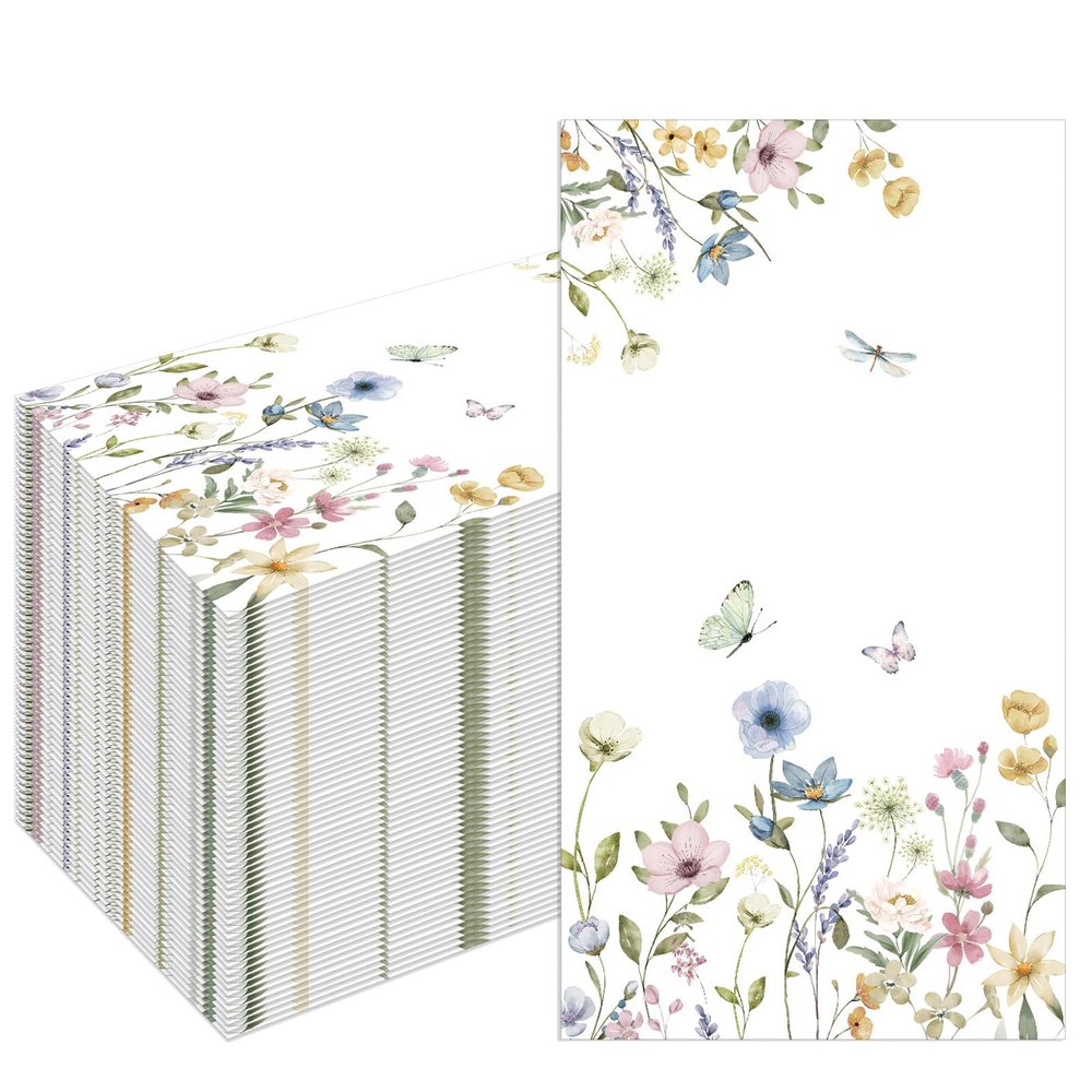 100Pcs Disposable Floral Paper Napkins Decorative Bathroom Napkins Guest Disposable Wild Flower Hand Towels Dinner Party Napkin for Bridal Wedding Birthday Party Baby Shower Spring Garden Party