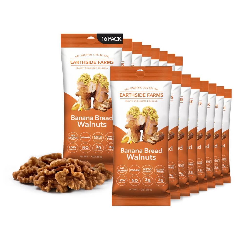 Earthside Farms Banana Bread Walnuts Snack Packs, No Sugar Added Keto Friendly Nuts, Vegan Gluten Free Non GMO Plant Protein, Fiber 1oz Individual Bags 6 Count